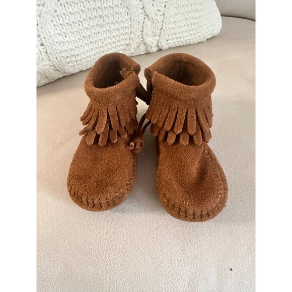 Minnetonka Brown Fringe Suede Baby Booties Size 3 Moccasins Western Style - Picture 5 of 11